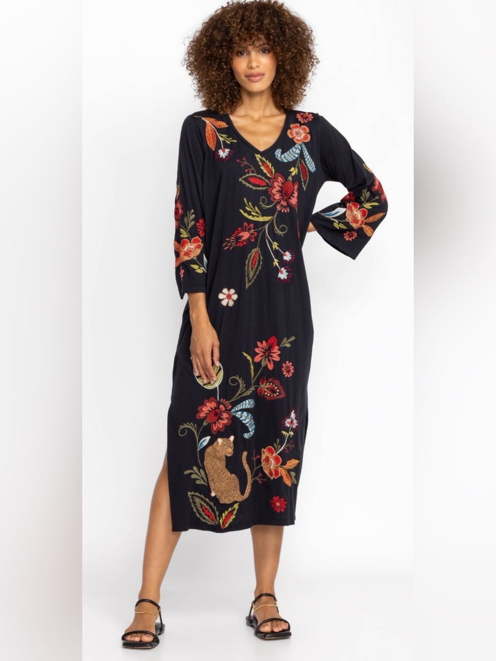 JOHNNY WAS • ISABELLA KIMONO SLEEVE TEE DRESS black floral - Small midi